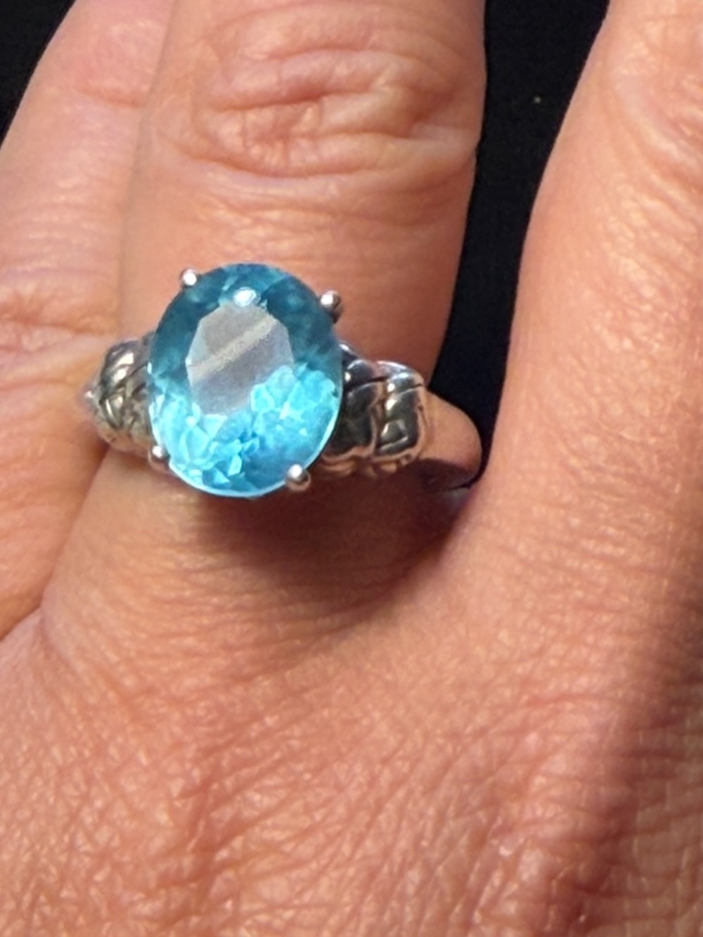 925 Sterling Silver Large Oval Blue Topaz Glass Statement Cocktail Ring Size 7.5